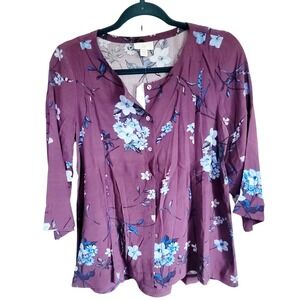 J. Jill XSP Boho Top Purple Blue Floral V-Neck‎ Button Front Blouse Rear Tie NWT